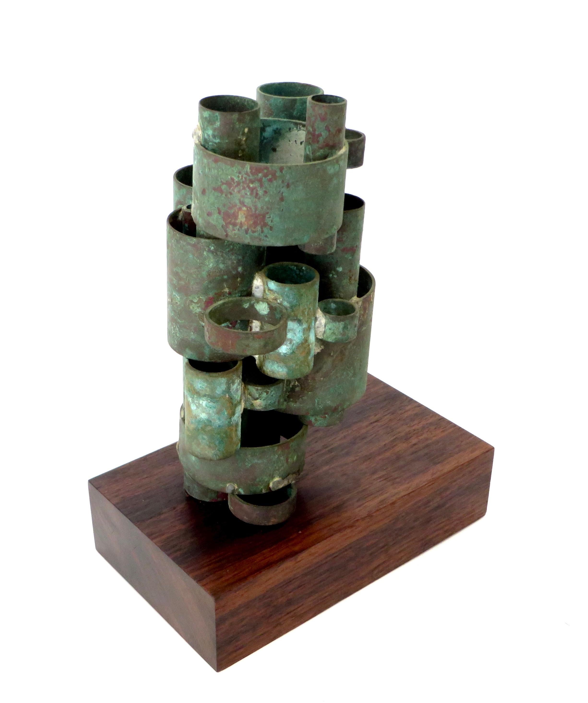 Abstract Copper Tubular Column Sculpture Set on a Walnut Base with Patina 1
