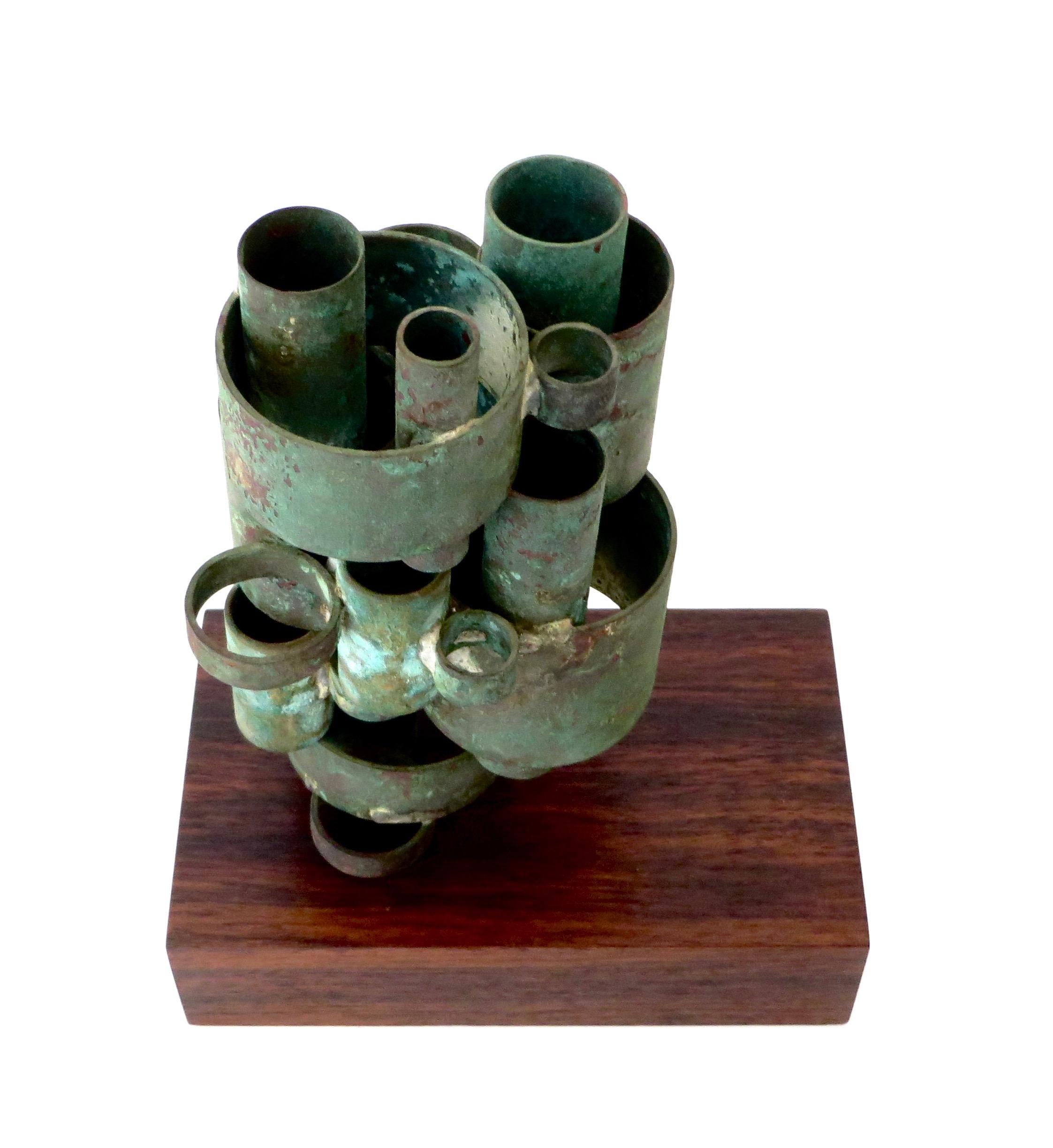 Abstract Copper Tubular Column Sculpture Set on a Walnut Base with Patina 2