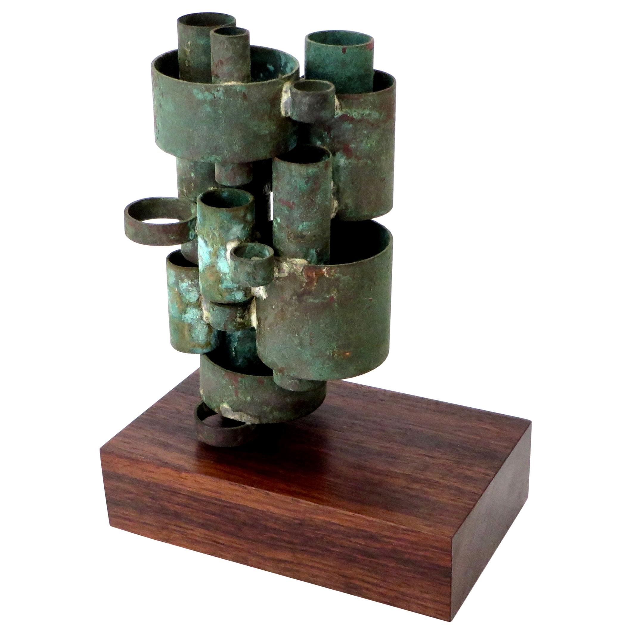 Abstract Copper Tubular Column Sculpture Set on a Walnut Base with Patina