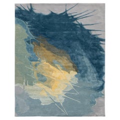 Tappeto per l'area Cosmic Splash moderno e astratto in lana trapuntata a mano - Blu, oro e grigio