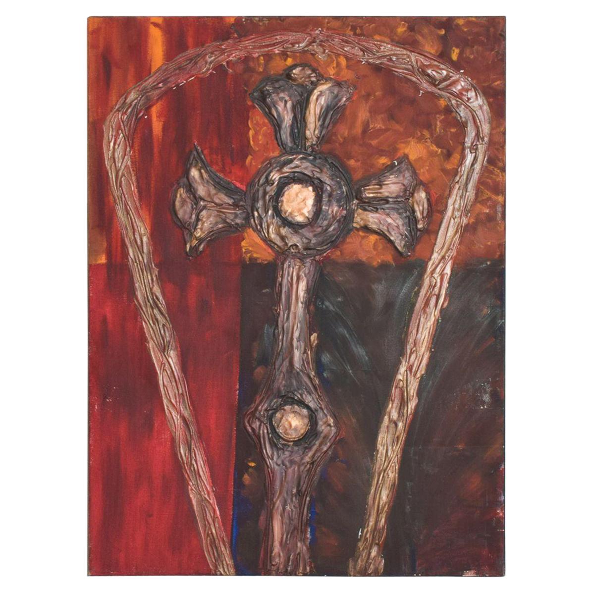 1990s Abstract Cross Oil on Canvas Painting Pablo Romo Artwork 