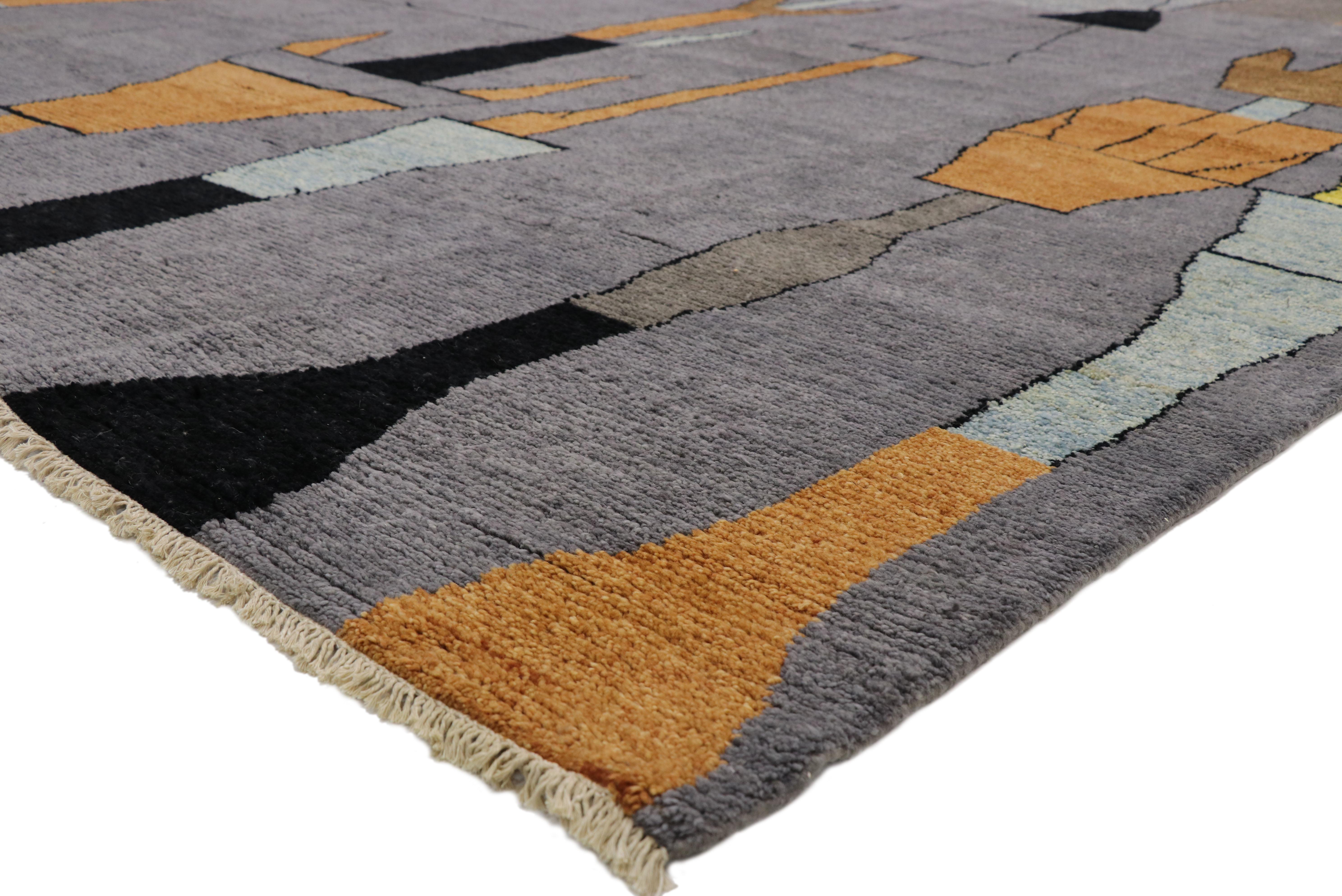 80533, new abstract cubism contemporary Moroccan style rug inspired by Paul Klee 09'11 x 13'07. Bold, pastel, dark and light hues of the colors woven into this hand knotted wool contemporary Moroccan rug work together to create a truly unique look.