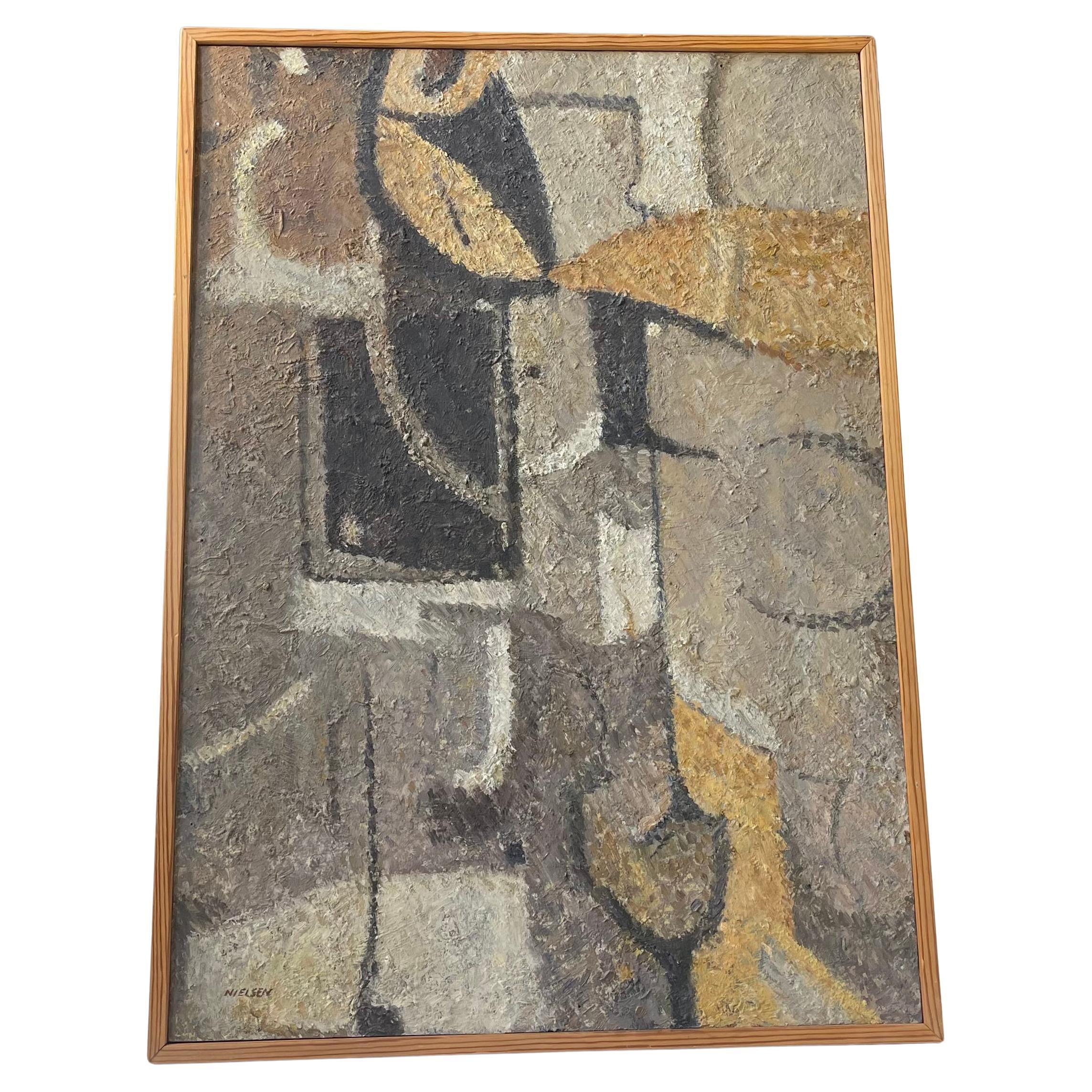 Composizione cubista astratta a olio di Henning Nielsen, artista danese degli anni '70 In condizioni buone in vendita a Esbjerg, DK