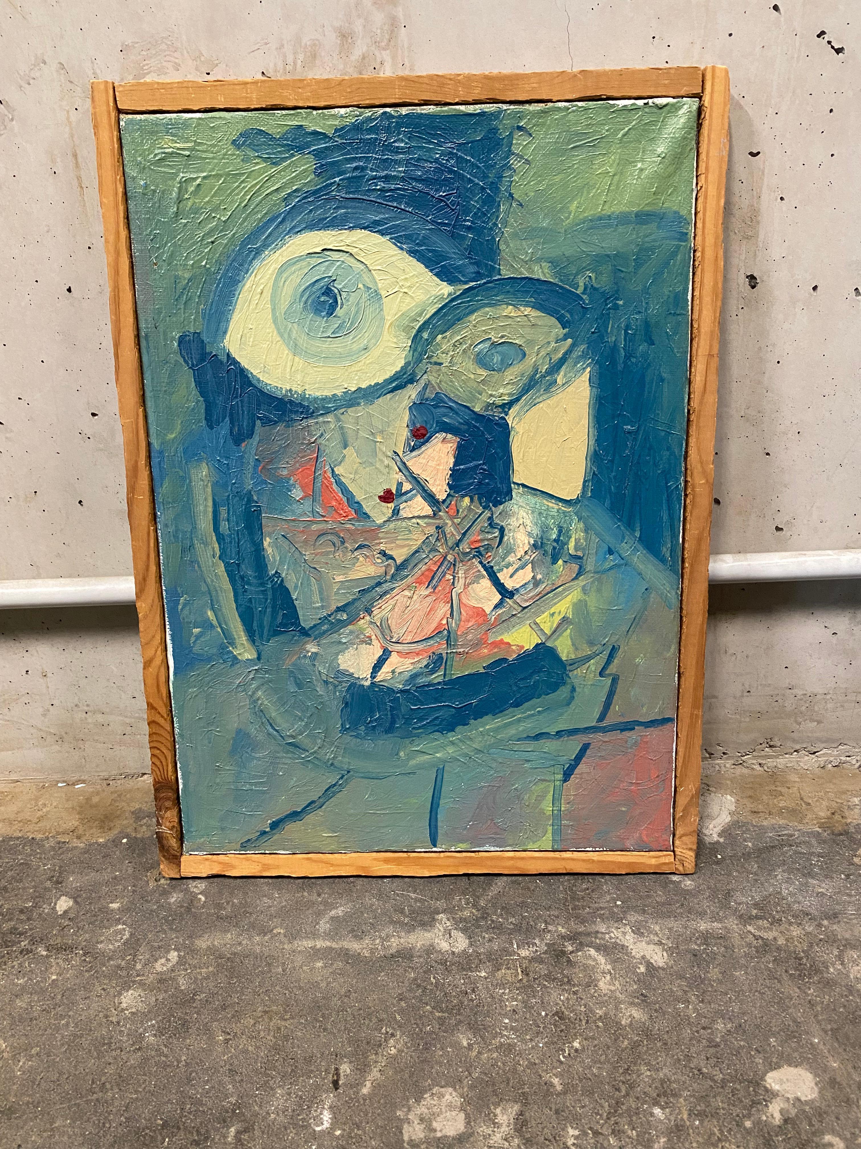 Unfortunately, this abstract oil painting is not attributed to any artist. It is painted on canvas and probably aged in the 1950s. The simple frame dates from the same period. The piece was acquired in Denmark, which means that it could be a Danish