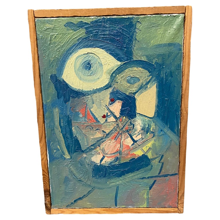 Abstract Danish midcentury oil painting in green and rose, framed For ...