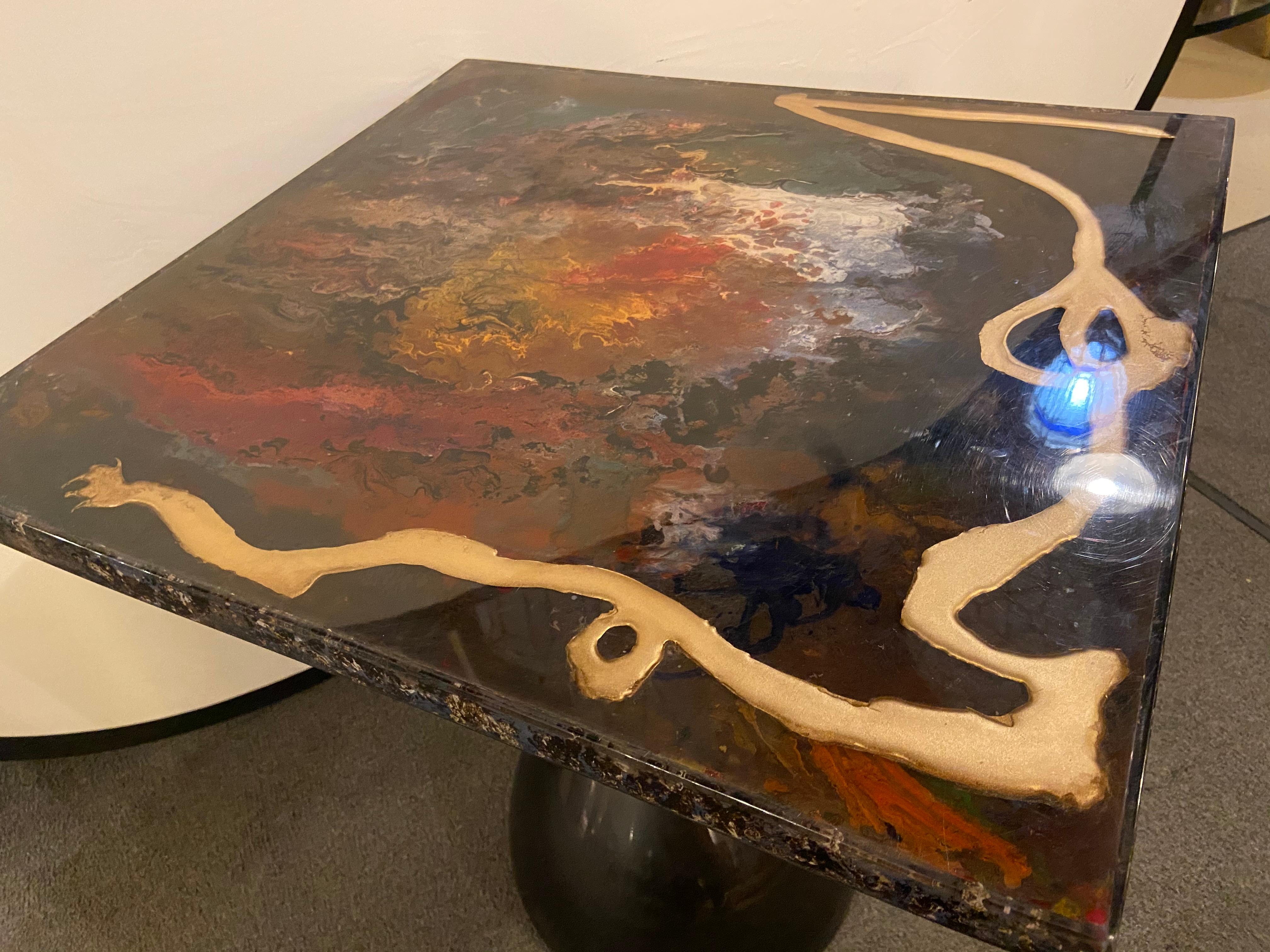 Epoxy Resin Abstract Design Mid-Century Modern Center or End Table in Resin on Black Epoxy