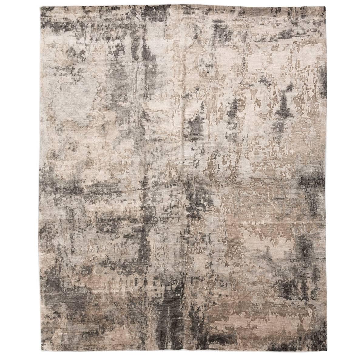 Contemporary Silk and Wool Rug, Abstract Design in Beige and Gray Colors