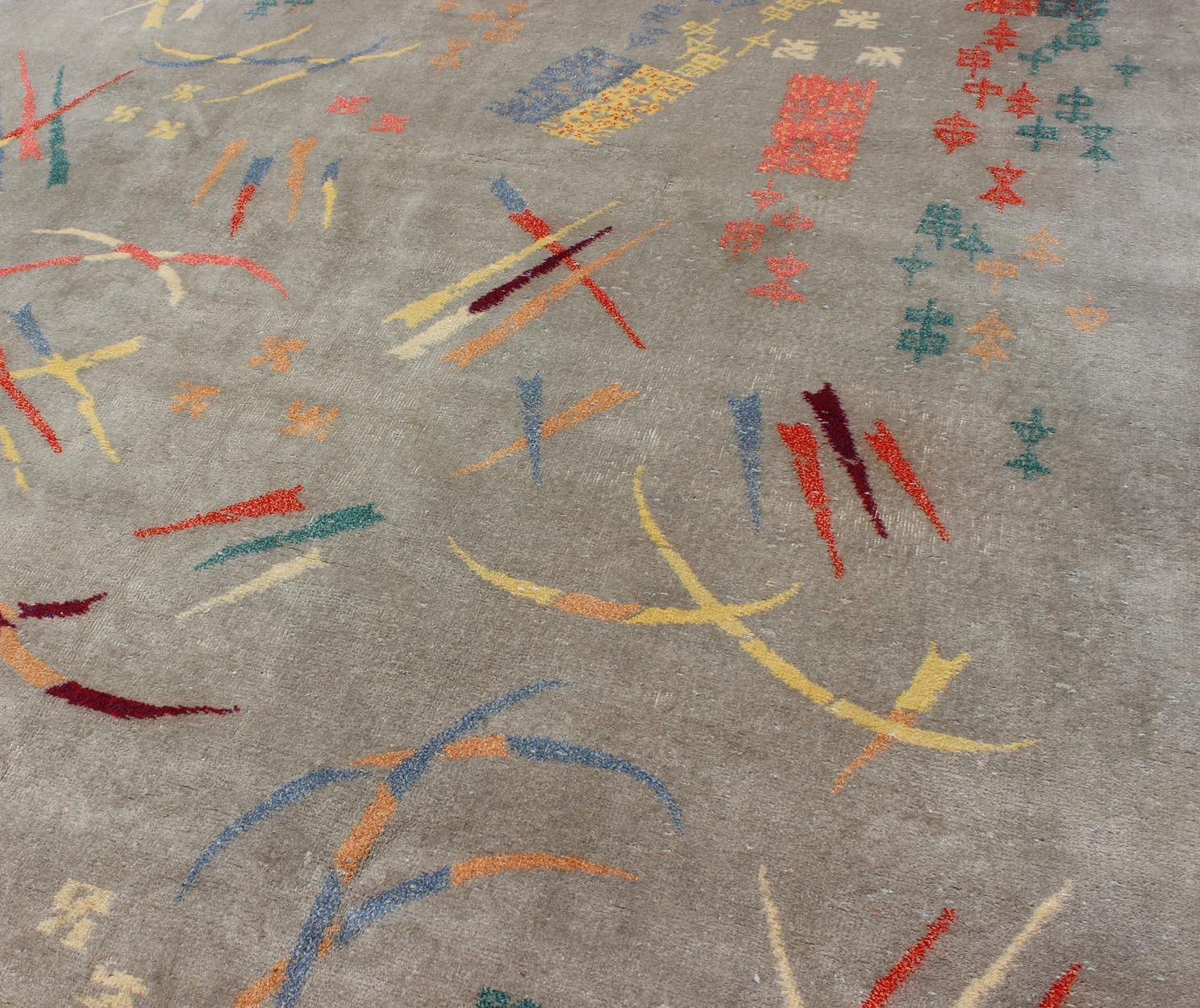  Mid Century Modern Rug with Abstract Design in Light Gray and Multi Colors For Sale 2
