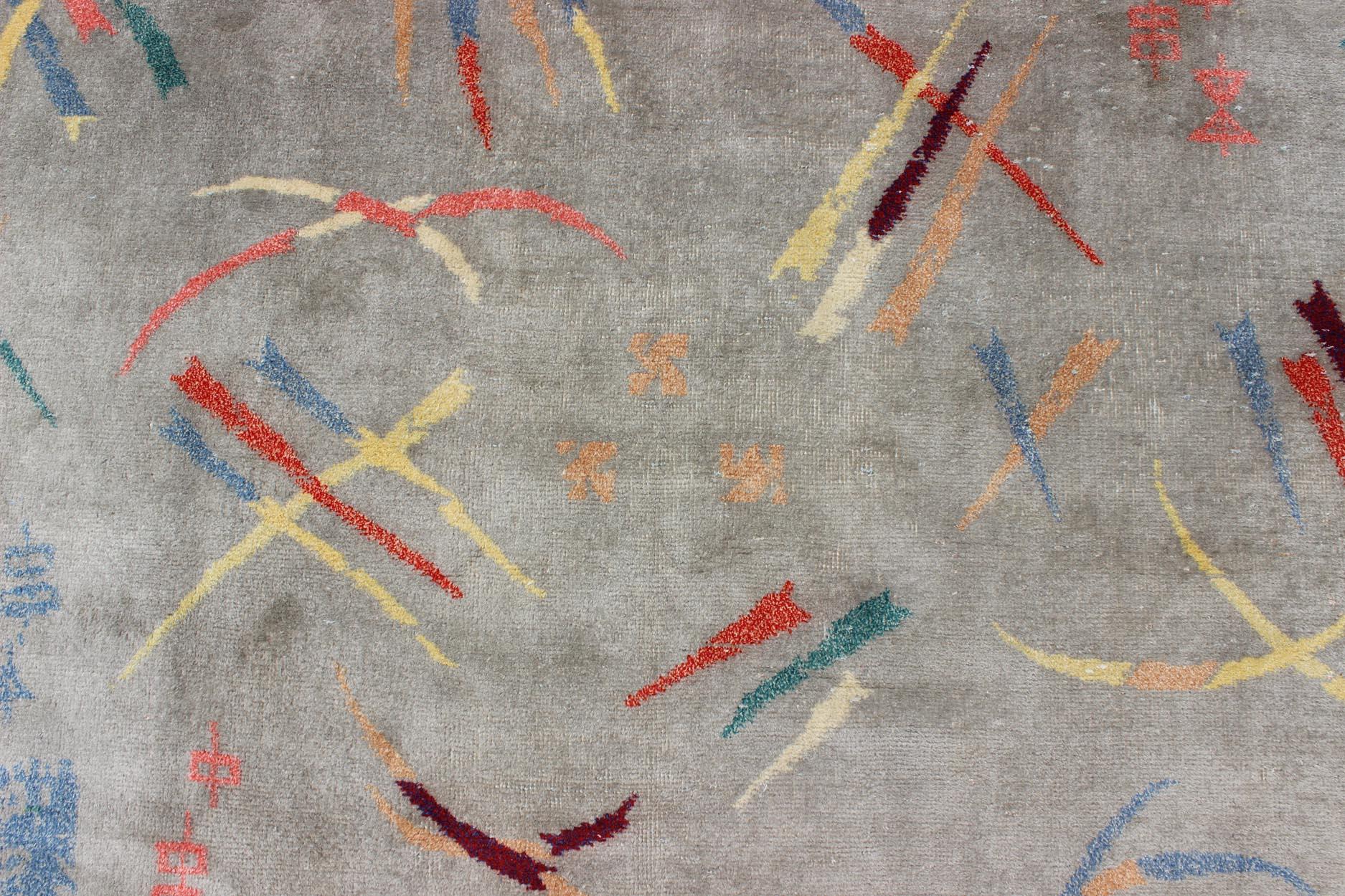  Mid Century Modern Rug with Abstract Design in Light Gray and Multi Colors For Sale 5