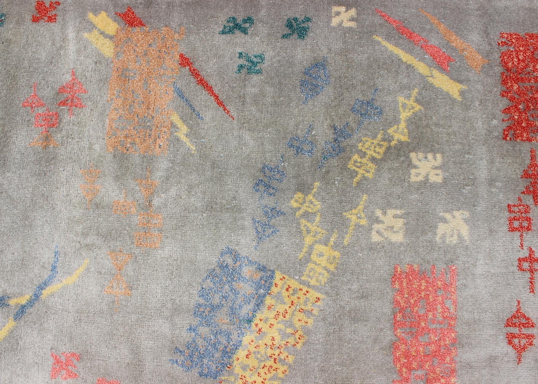 20th Century  Mid Century Modern Rug with Abstract Design in Light Gray and Multi Colors For Sale