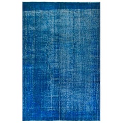 Vintage Abstract, Distressed Rug Overdyed in Indigo Blue Color