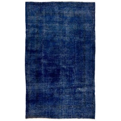 6.4x10.7 Ft Distressed Vintage Turkish Area Rug Re-Dyed in Navy Blue Color