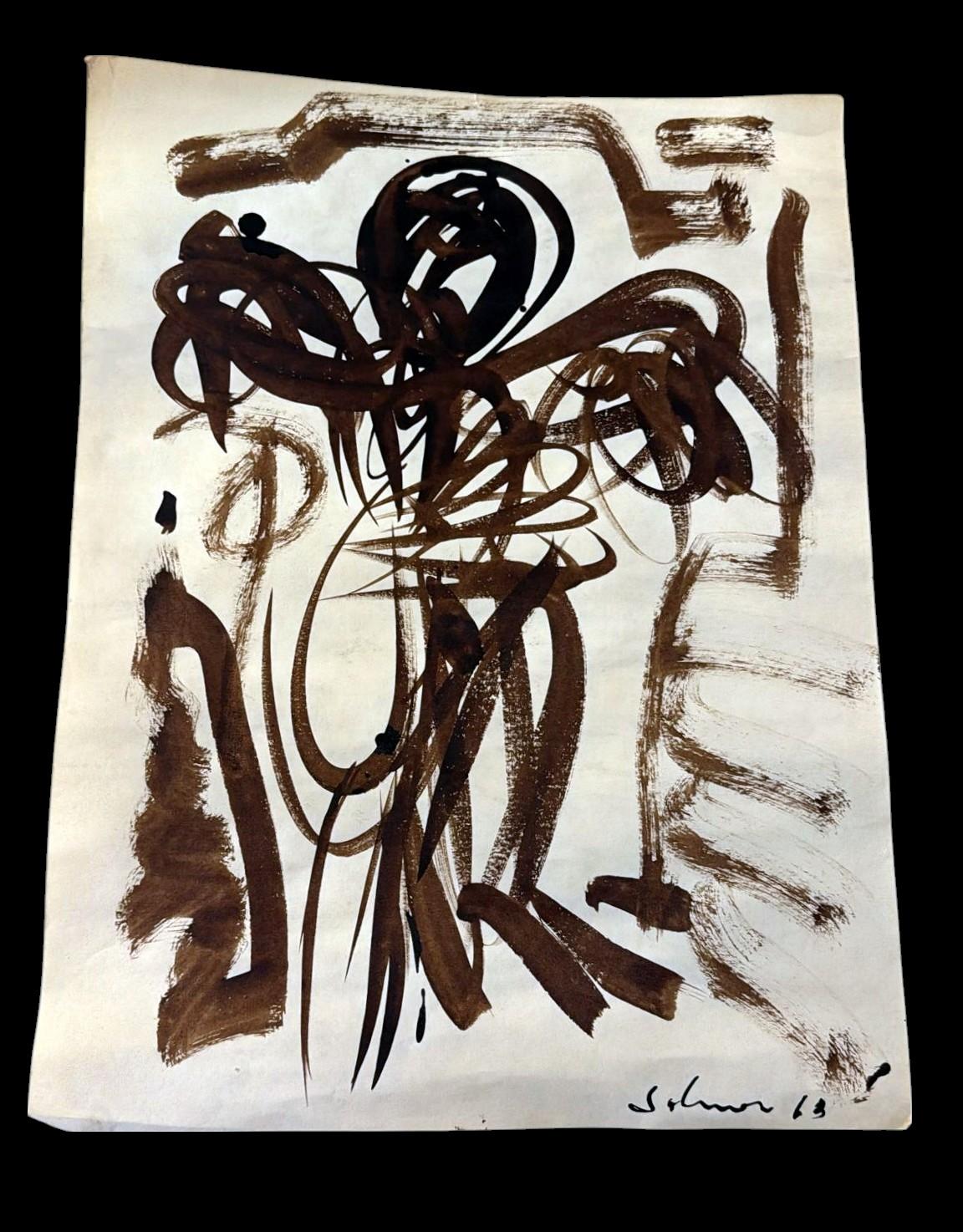 Abstract work on special paper, created using a mixed media technique that includes watercolor, diluted tempera, and ink. The piece clearly belongs to the abstract and expressionist movement typical of the early 1960s. It bears a signature