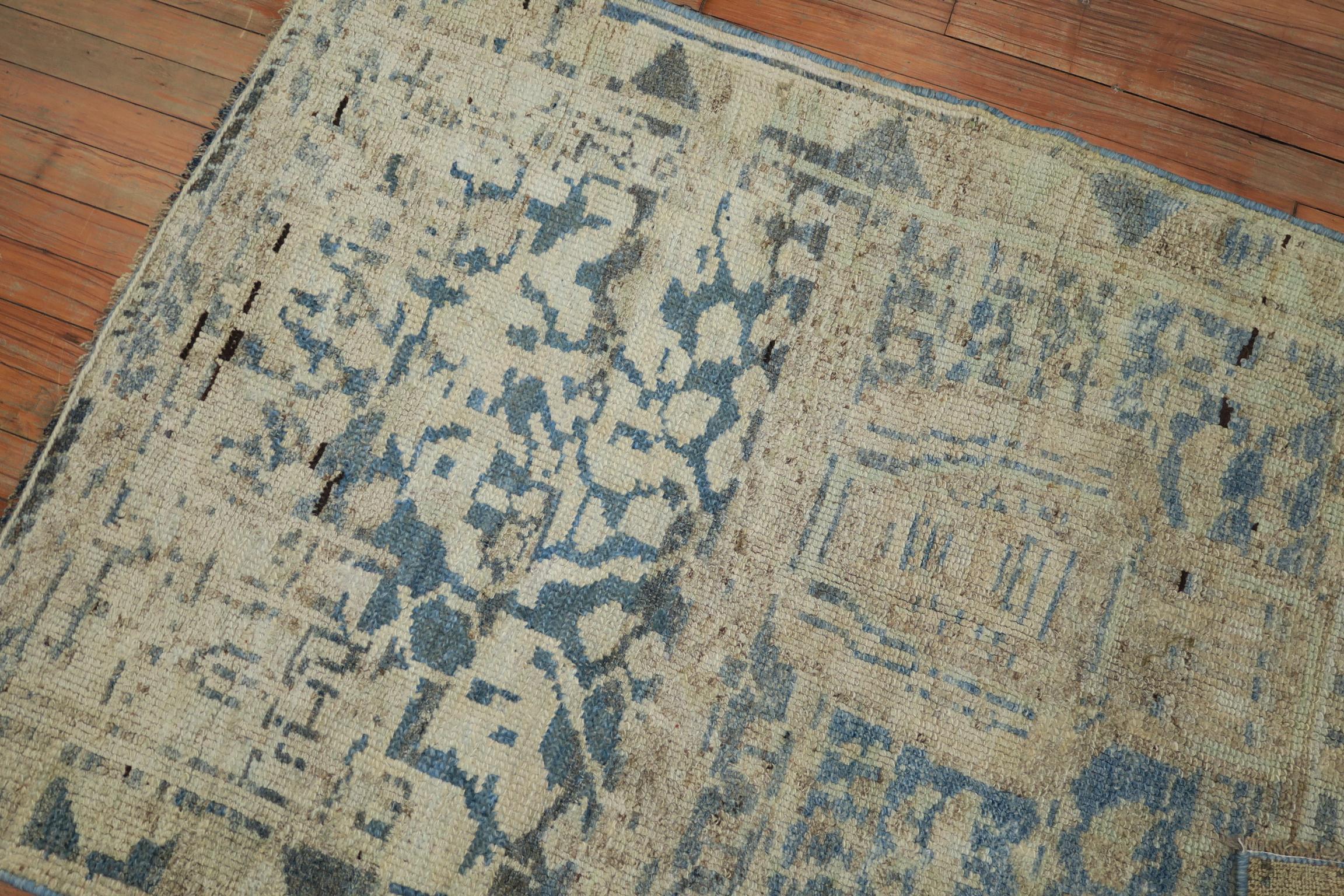 Hand-Woven Abstract Early 20th Century Light Blue Ivory Turkish Oushak Wool Rug