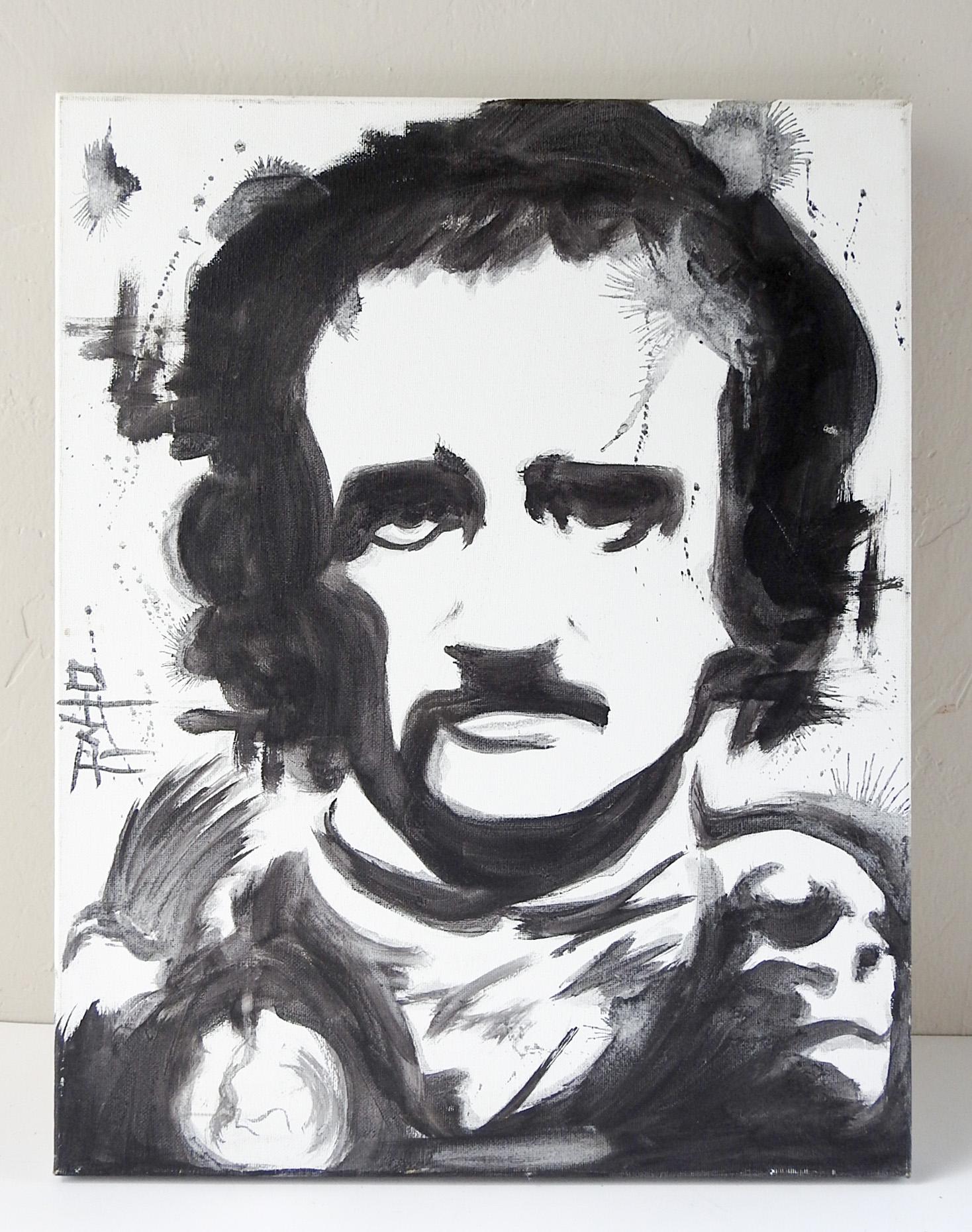 Abstract portrait of Edgar Allan Poe acrylic on canvas. Signed illegibly center left edge. Unframed, edge wear.