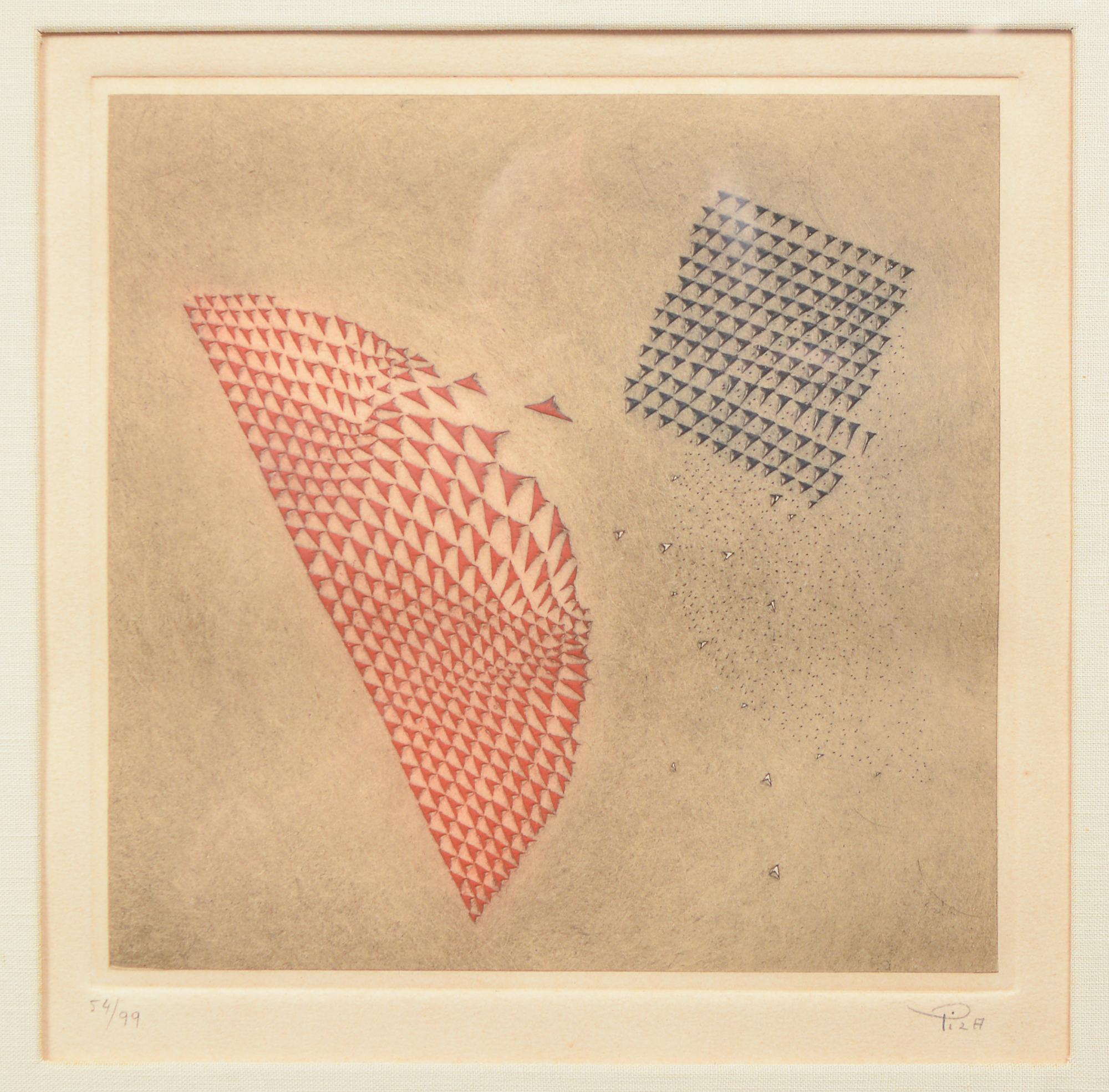 Abstract etching by Brazilian born artist Arthur Luiz Piza. 
Sight measurements are 10 3/8 inches x 10 3/8 inches.
There is some wrinkling in the linen mat.

Piza was born in Sao Paulo in 1928, where he received his first training. He moved to Paris