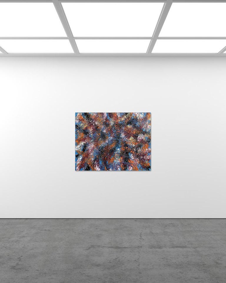 Modern Abstract Expressionism Acrylic Painting Deeply Textured, Orange Blue Black For Sale