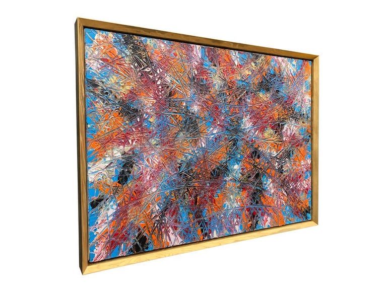 Canadian Abstract Expressionism Acrylic Painting Deeply Textured, Orange Blue Black For Sale