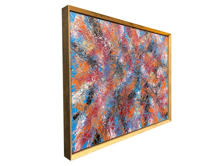 Painted Abstract Expressionism Acrylic Painting Deeply Textured, Orange Blue Black For Sale