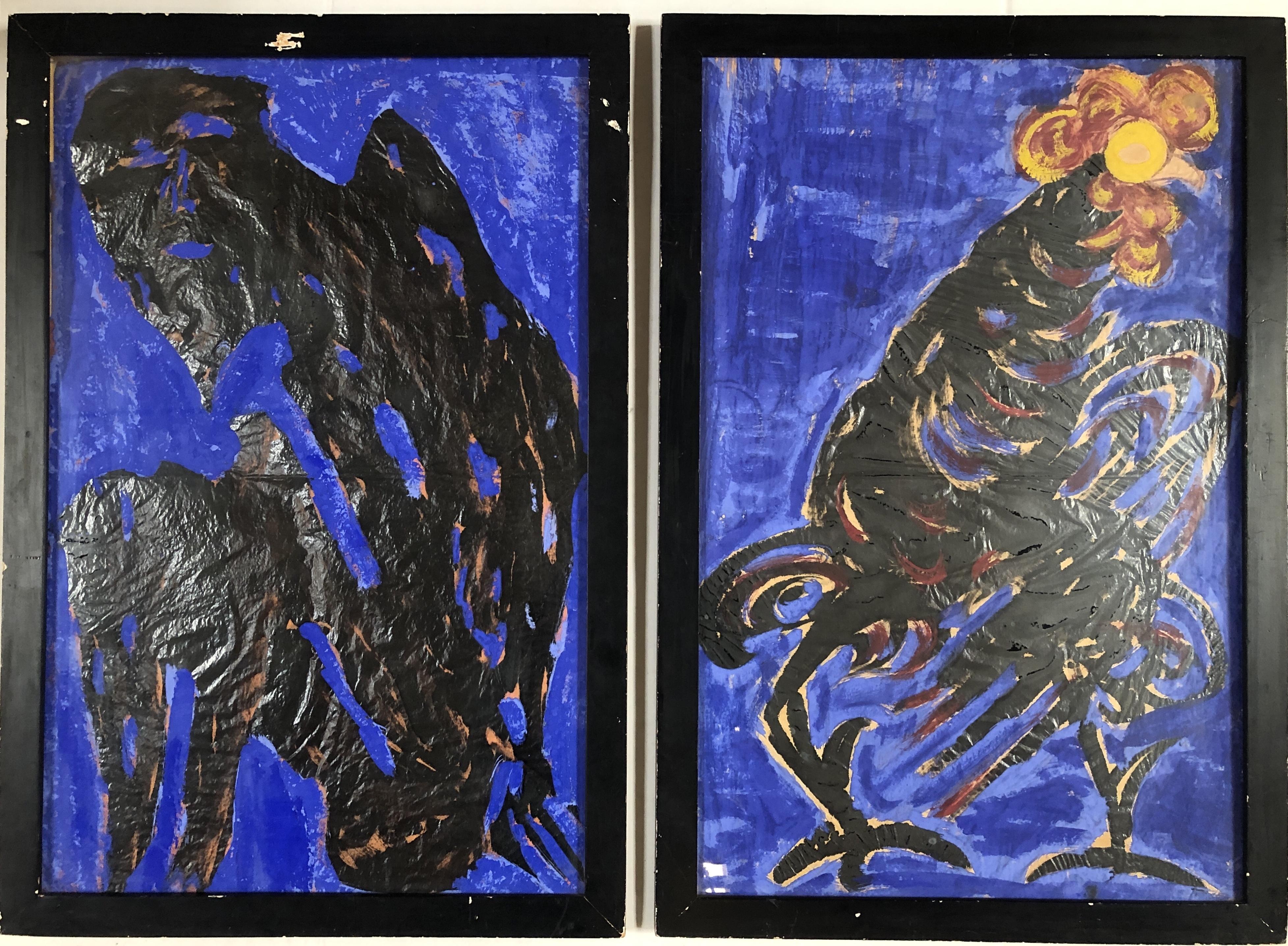 Abstract acrylic Expressionism artwork painting of a chicken and man blue painting on paper in original black frames both 32