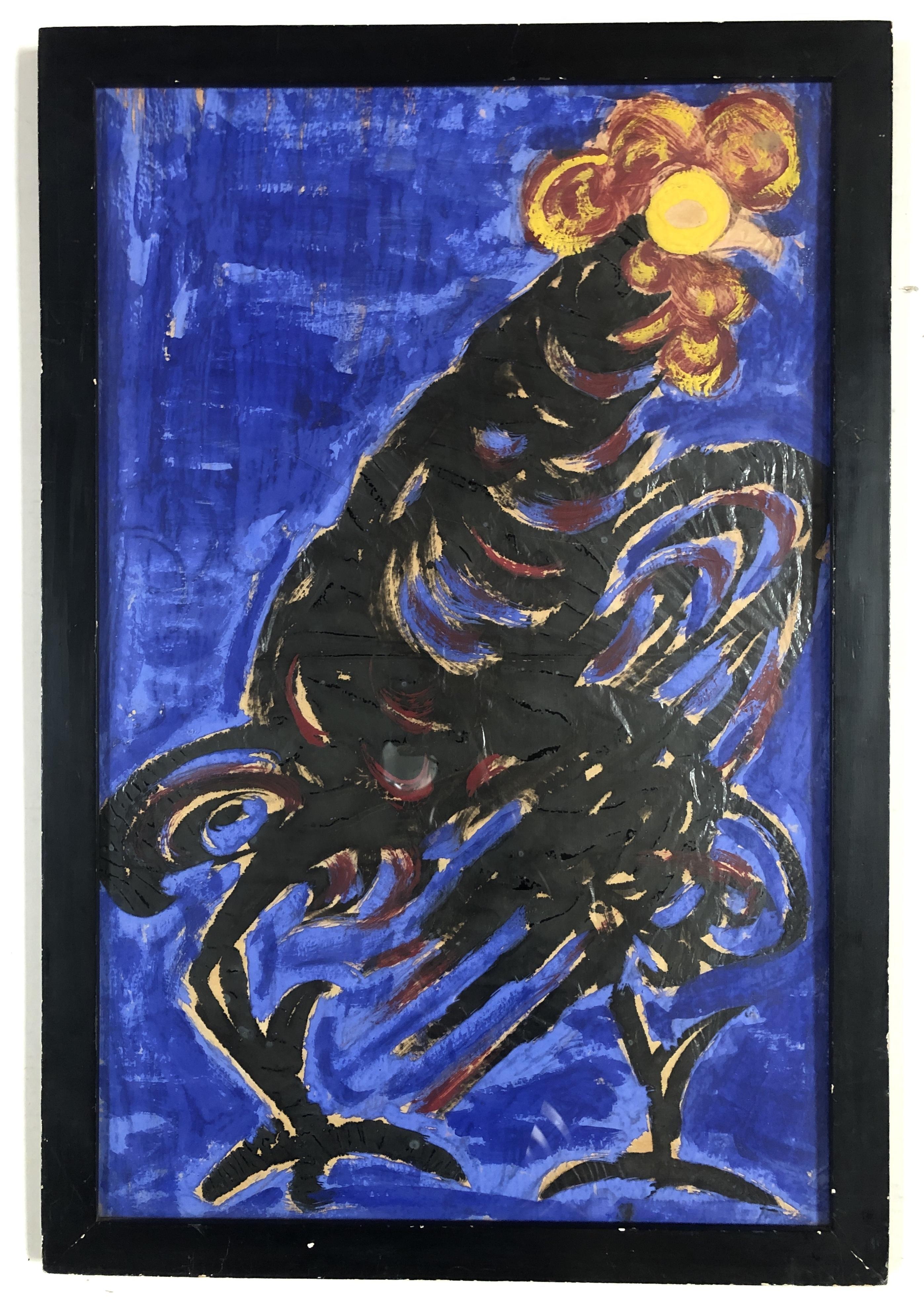 Nord-américain Expressionnisme abstrait Paire de tableaux bleus représentant un poulet et un homme, non signés en vente