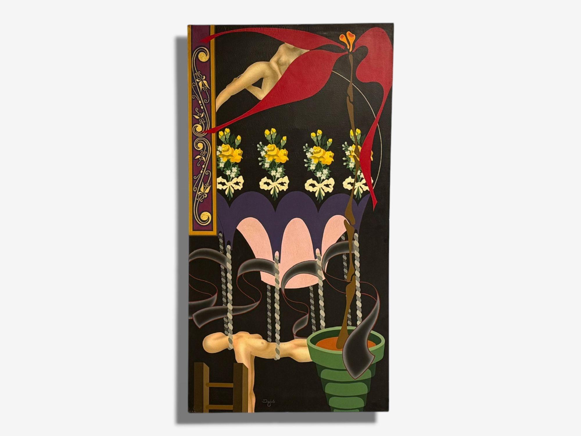 Abstract Expressionism, Contemporary Realist, Large Black Painting, Nude Motif

Large painting depicting two nude figures in dynamic poses, a row of stylized yellow bouquets, various abstract shapes and shapes, and a diverse color scheme on a solid