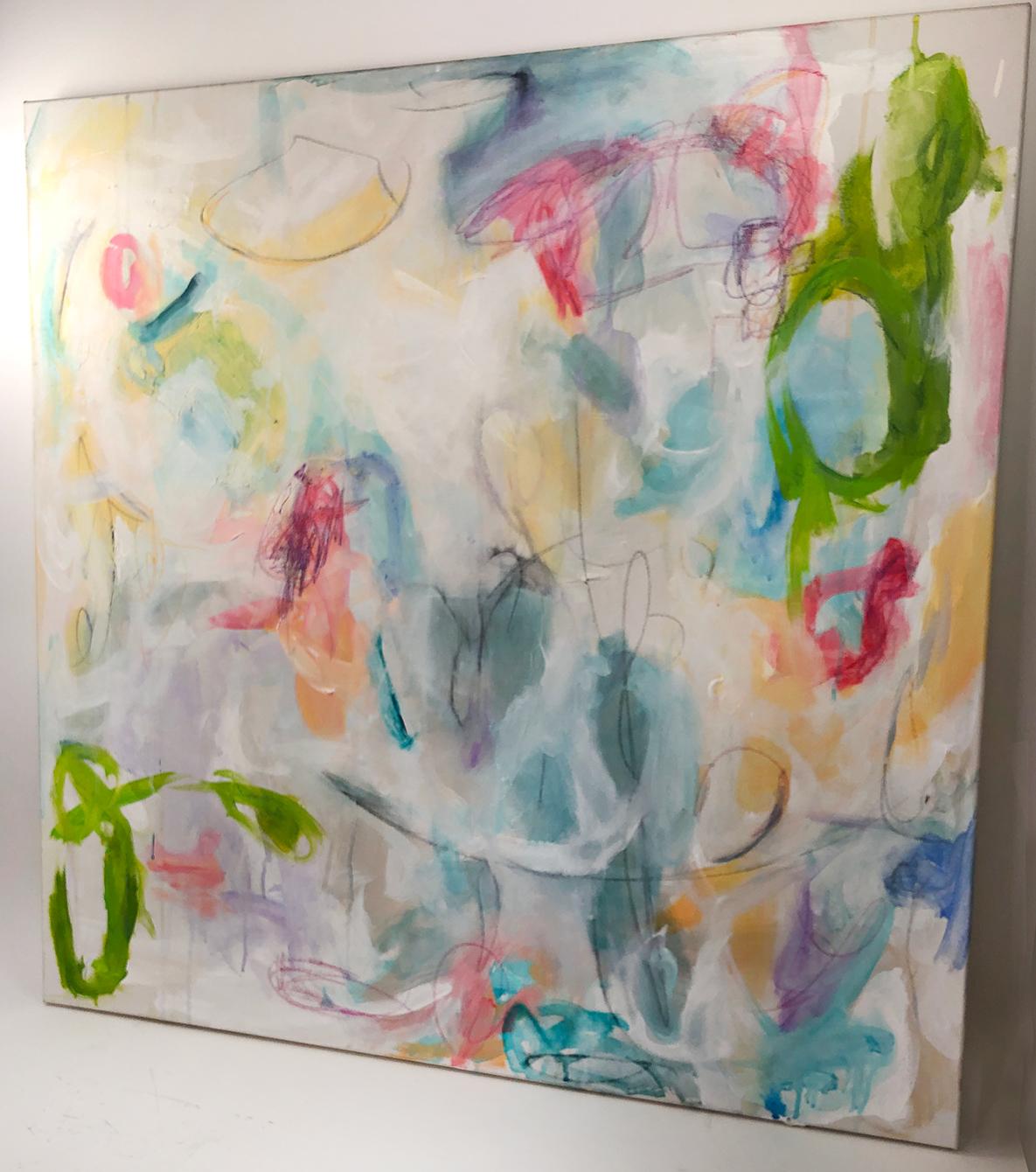 An elegantly subtle abstract expressionist acrylic painting by Mary Peyton Barklay titled “2000’s” from 2017. Hand painted with white and light pastel colors, including blues, greens, reds, yellows, and oranges. This painting was purchased at a