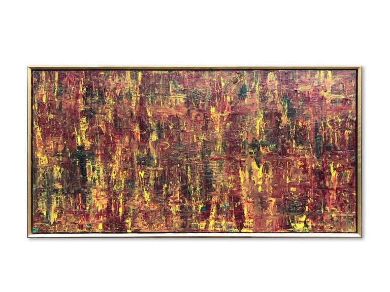 Hand-Painted Abstract Expressionist Acrylic Painting On Canvas Gold Wood Frame Red Yellow For Sale
