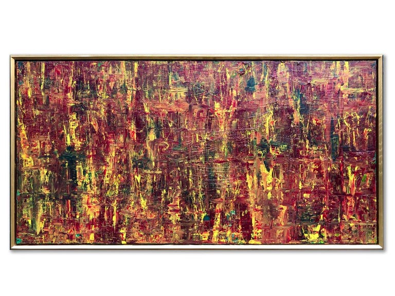 Canadian Abstract Expressionist Acrylic Painting On Canvas Gold Wood Frame Red Yellow For Sale