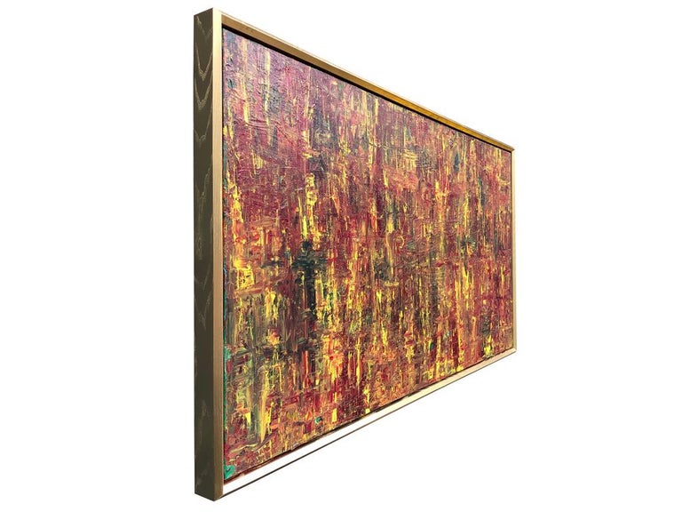 Contemporary Abstract Expressionist Acrylic Painting On Canvas Gold Wood Frame Red Yellow For Sale