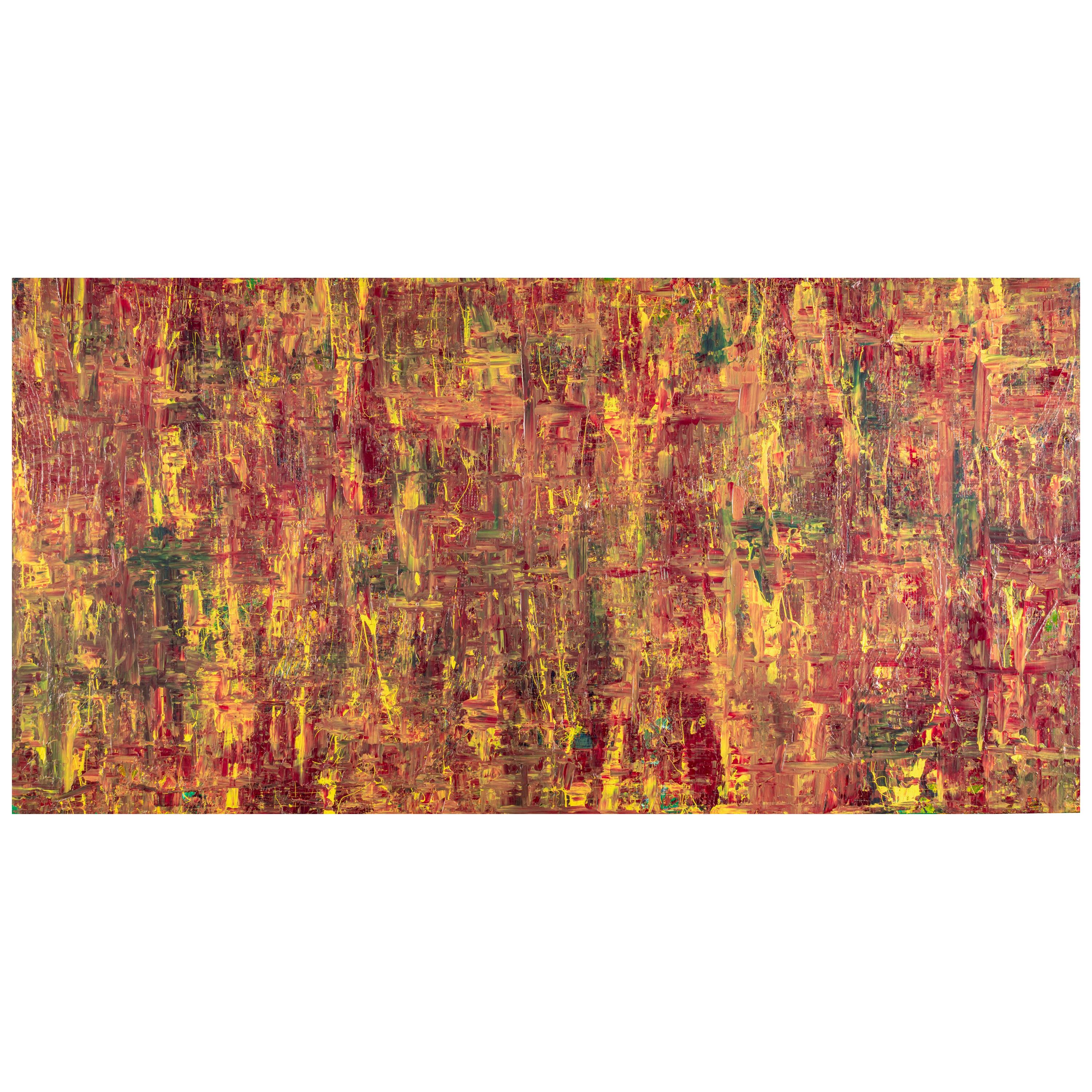 Abstract Expressionist Acrylic Painting On Canvas Gold Wood Frame Red Yellow