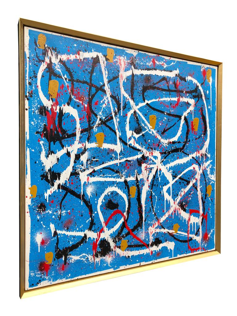 Hand-Painted Abstract Expressionist Acrylic Painting on Canvas with Gold Wood Frame