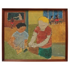 Abstract Expressionist "Boys in Wood Shop" Oil on Masonite