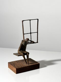 Abstract Expressionist Bronze Figurative Sculpture on Wood Base Signed 1960's