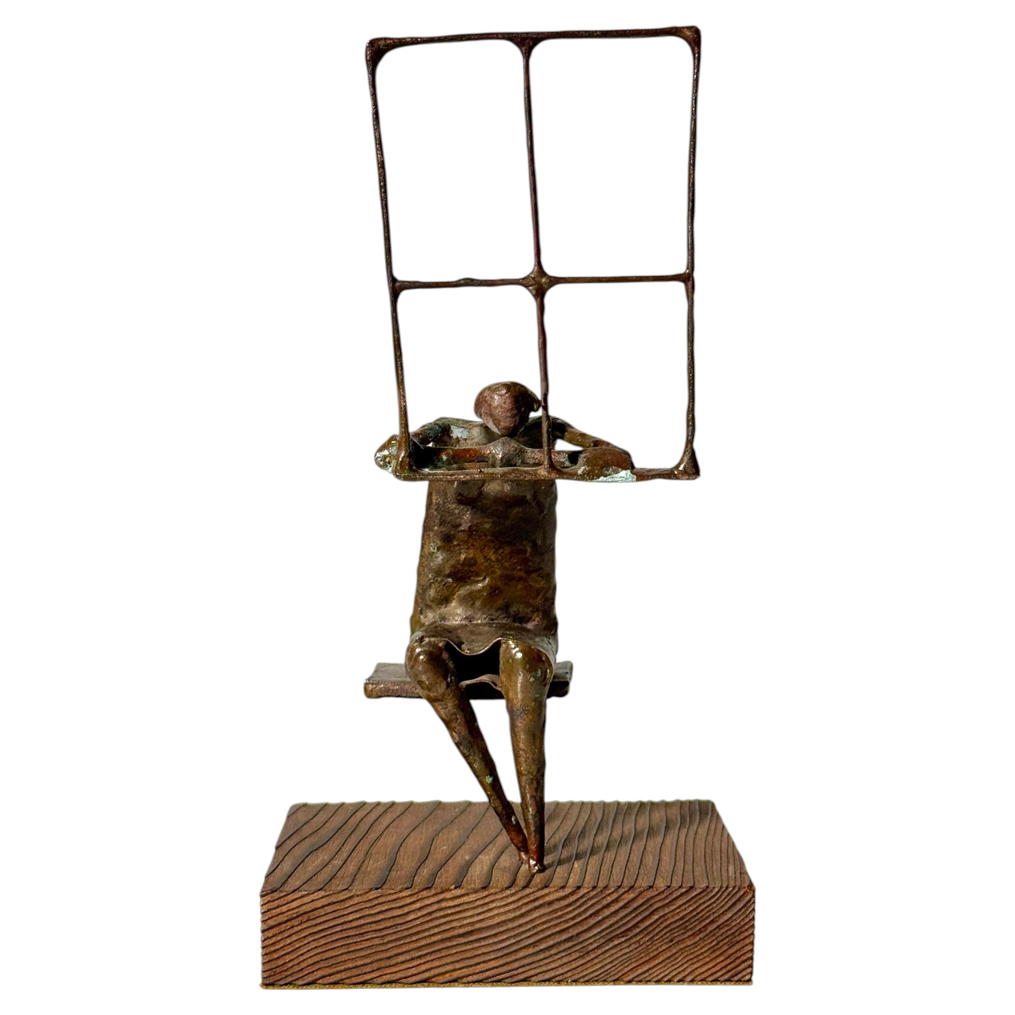 Abstract Expressionist Bronze Figurative Sculpture on Wood Base Signed 1960's