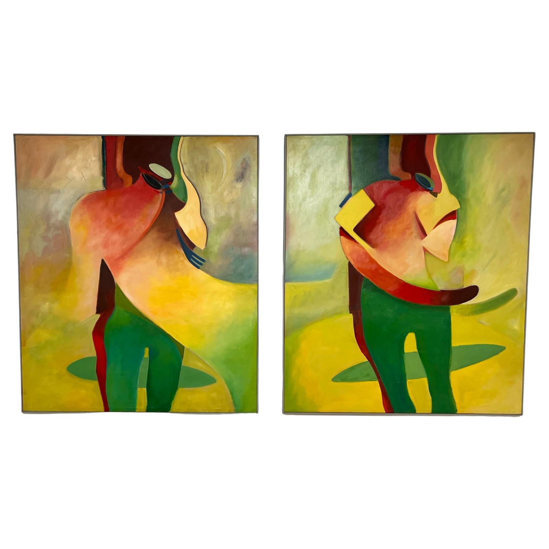 Abstract Expressionist Diptych Painting Signed L. Alicea, D. 1981
