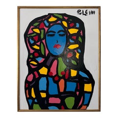 Abstract Expressionist Female Portrait in Bold Colors, Signed Polgini