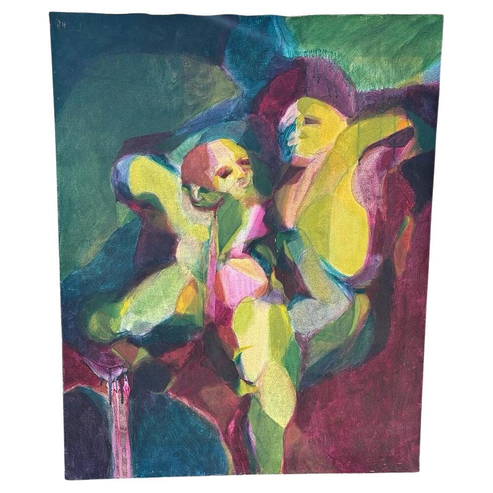 Abstract Expressionist Multi-colored Figures Oil on Canvas Signed Mars