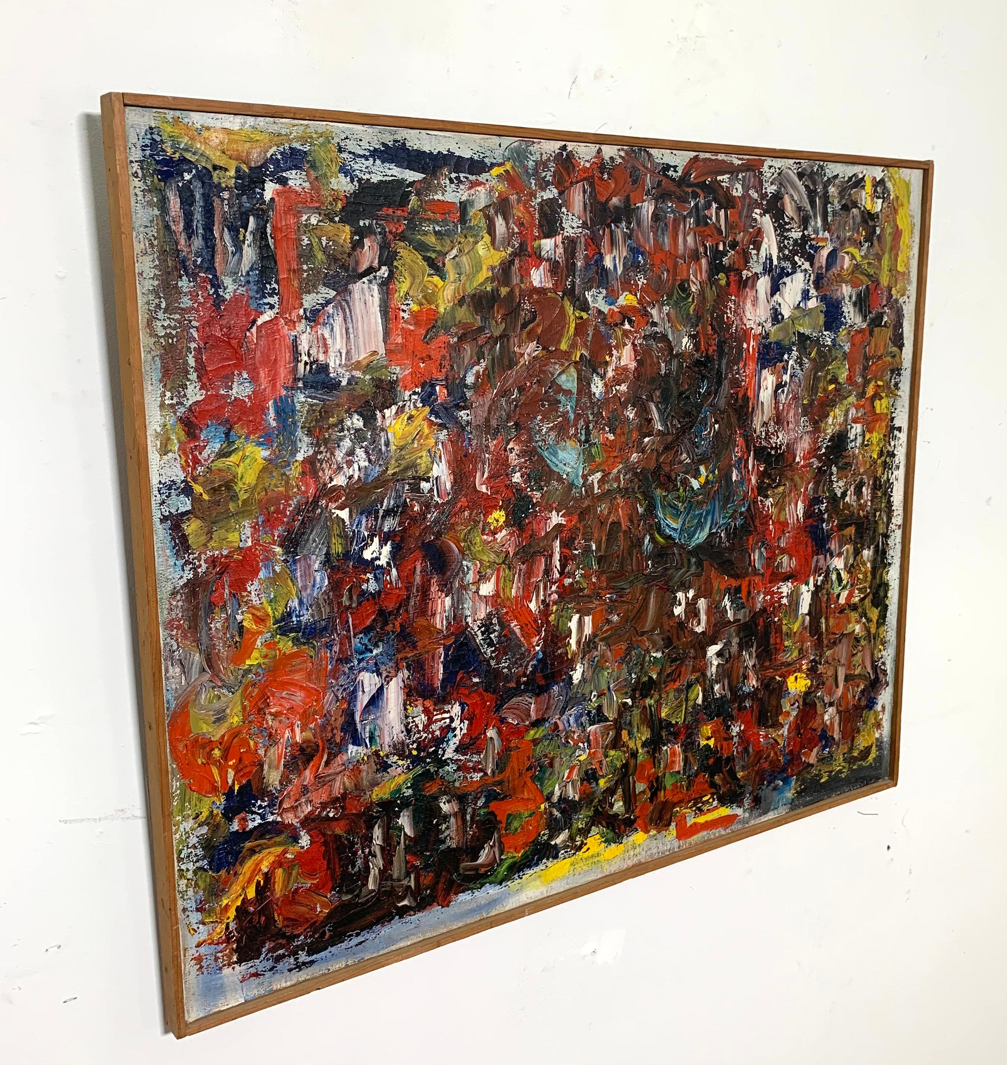 An anonymous but intriguing abstract painting, ca. 1950s. Its densely layered brushwork is strikingly similar to the “controlled chaos” compositions of certain early New York expressionists, most notably Joan Mitchell. The dark elements of its core