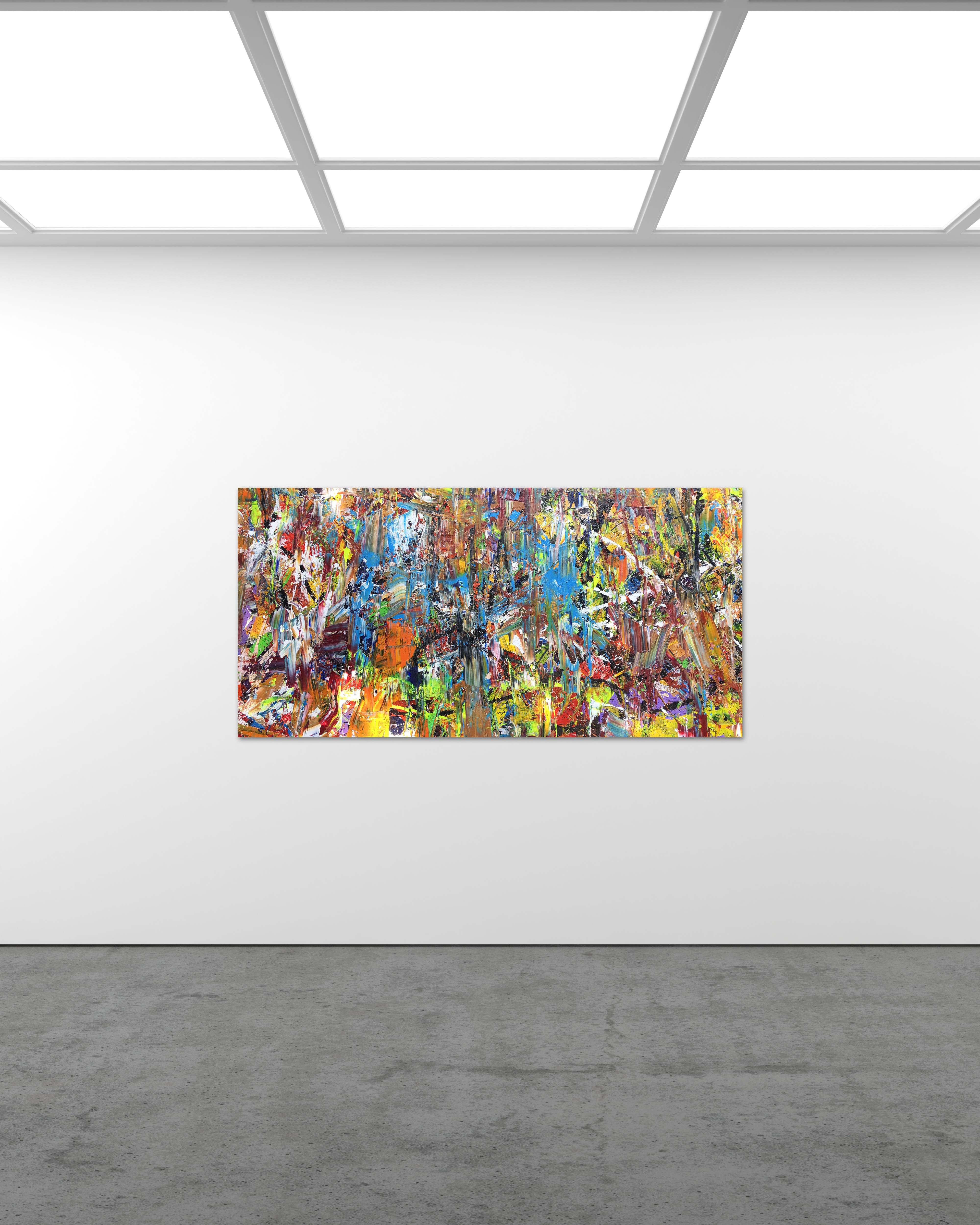 Electric city is an acrylic abstract expressionist painting by Troy Smith from Troy Smith Studio. Energy and movement is apparent within the brushstroke and pallet work of this large action painted painting. Vivid colors make up the scene for a