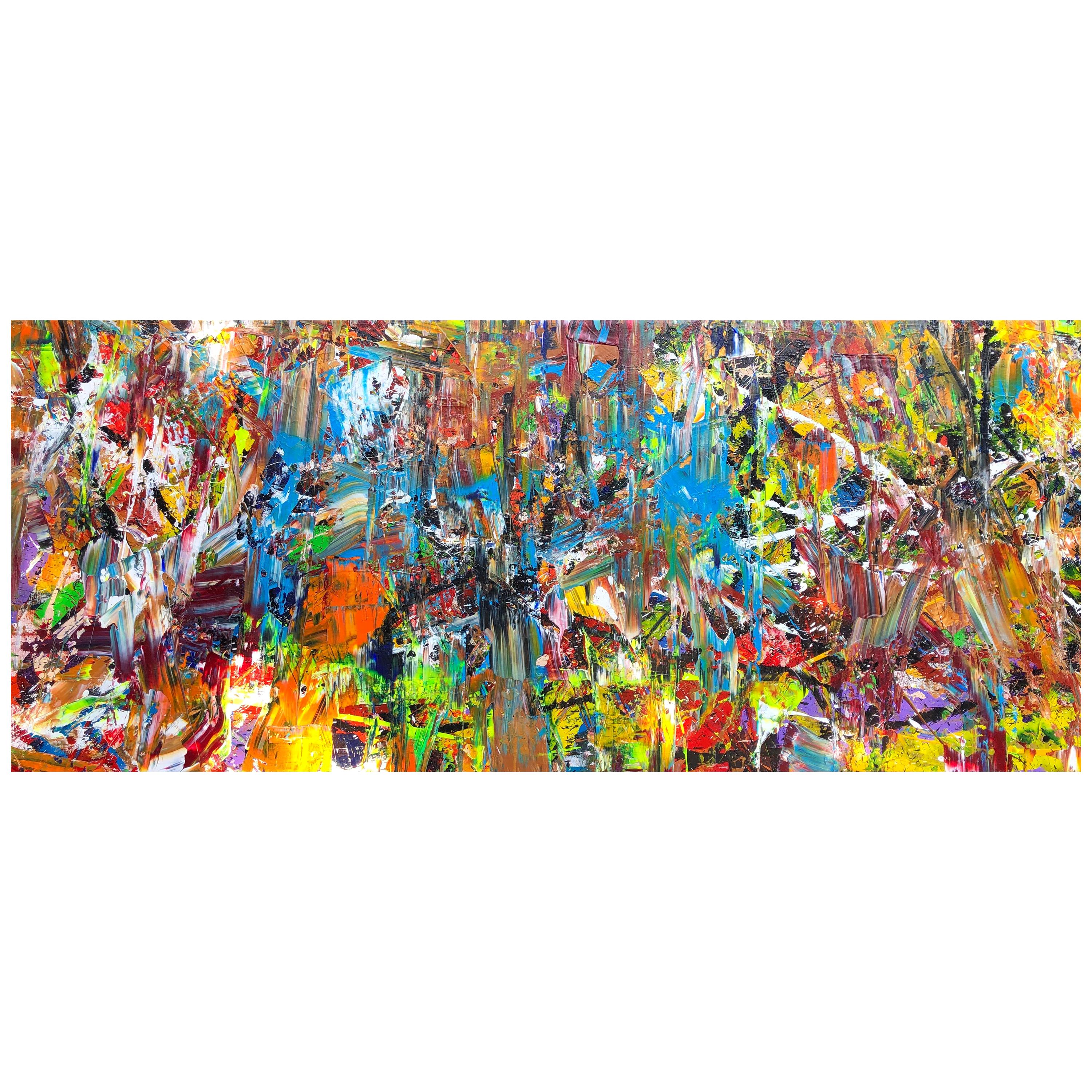 Abstract Expressionist Painting with Vivid Colors Orange Blue Red Green White