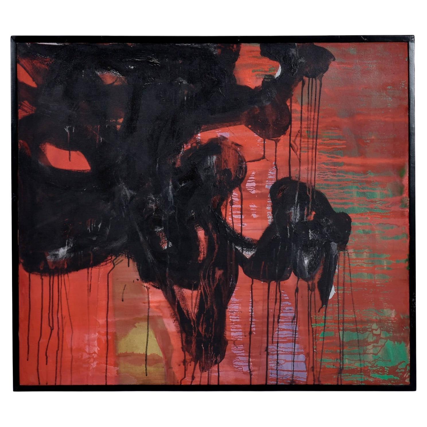 Abstract Expressionist Red and Black Nakamura Oil Painting 1969