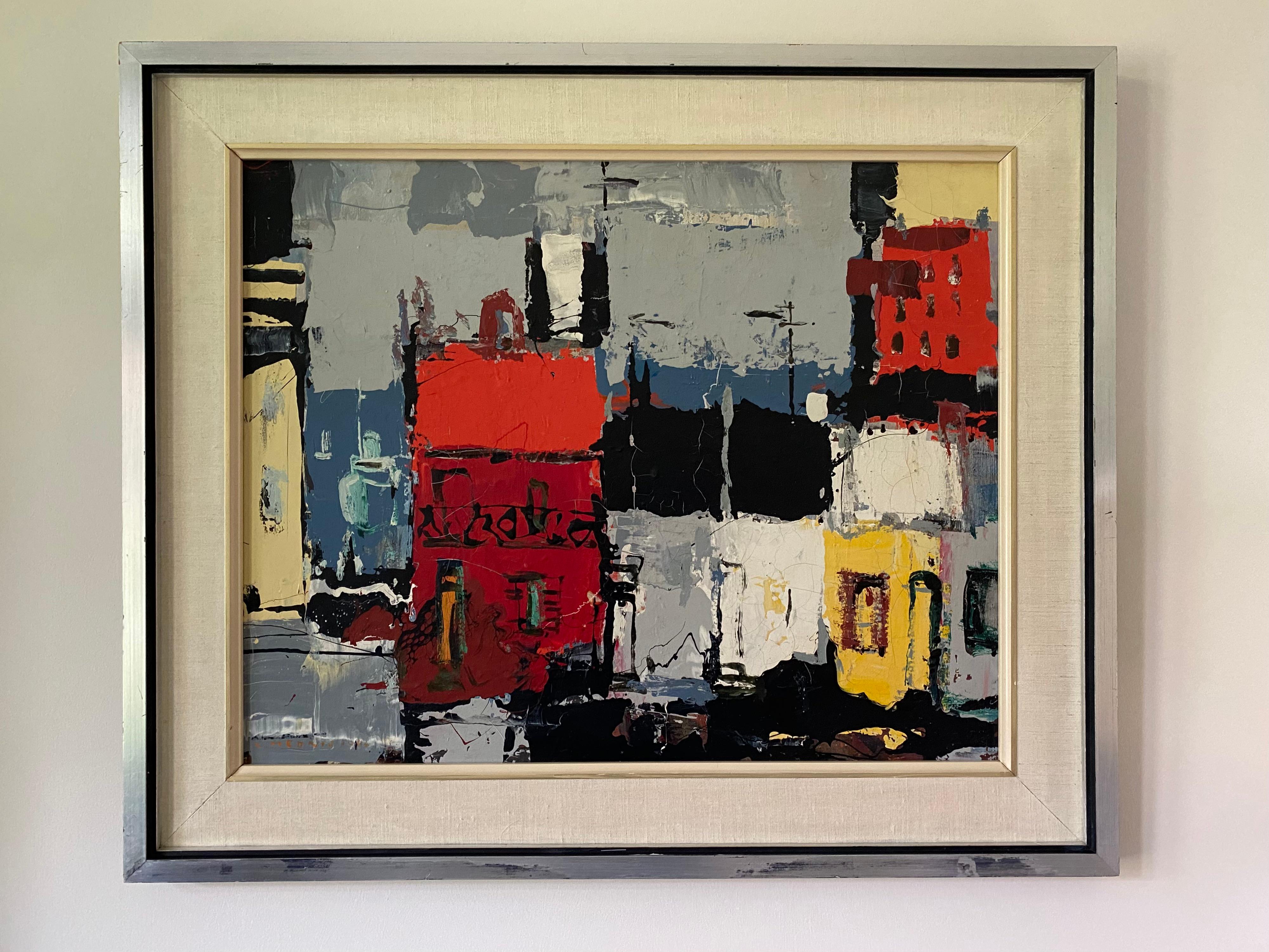This colorful Mid-century modern expressionist work is signed and dated 1966. The subject is a Sydney terrace scene, with the harbor and a boat or ship visible between colorful houses. The vigorous application of paint, dropped, brushed and dragged