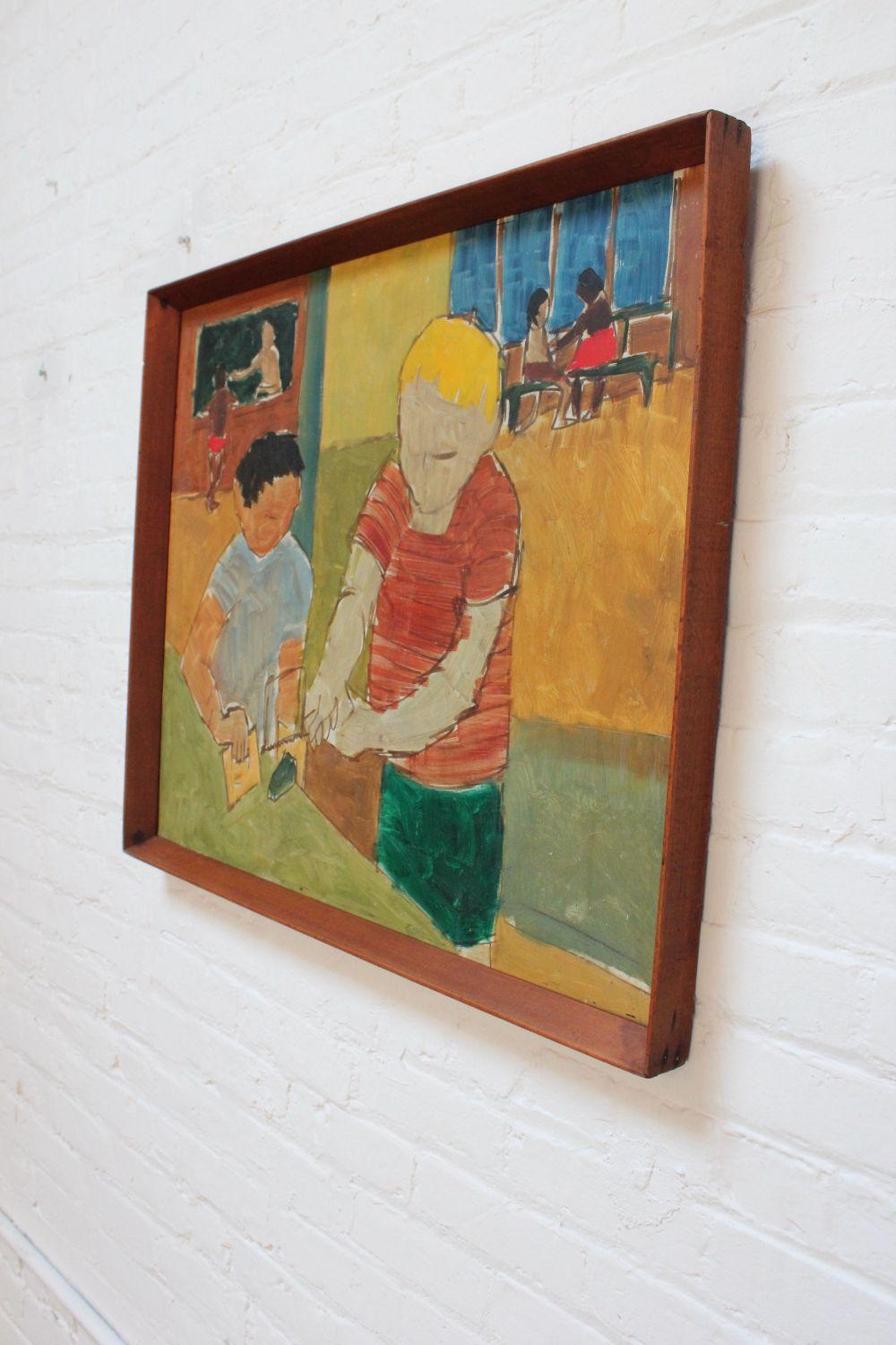 Abstract expressionist figural study of two boys in a camp setting working together on a craft project (ca. 1960s, USA).
There is some discoloration to the frame corners, along with general wear.
Canvas shows light soiling to the reverse.
Measures: