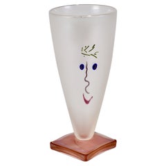 Abstract Face Vase in Satin White Glass with Pink Base