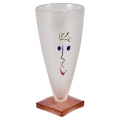 Abstract Face Vase in Satin White Glass with Pink Base