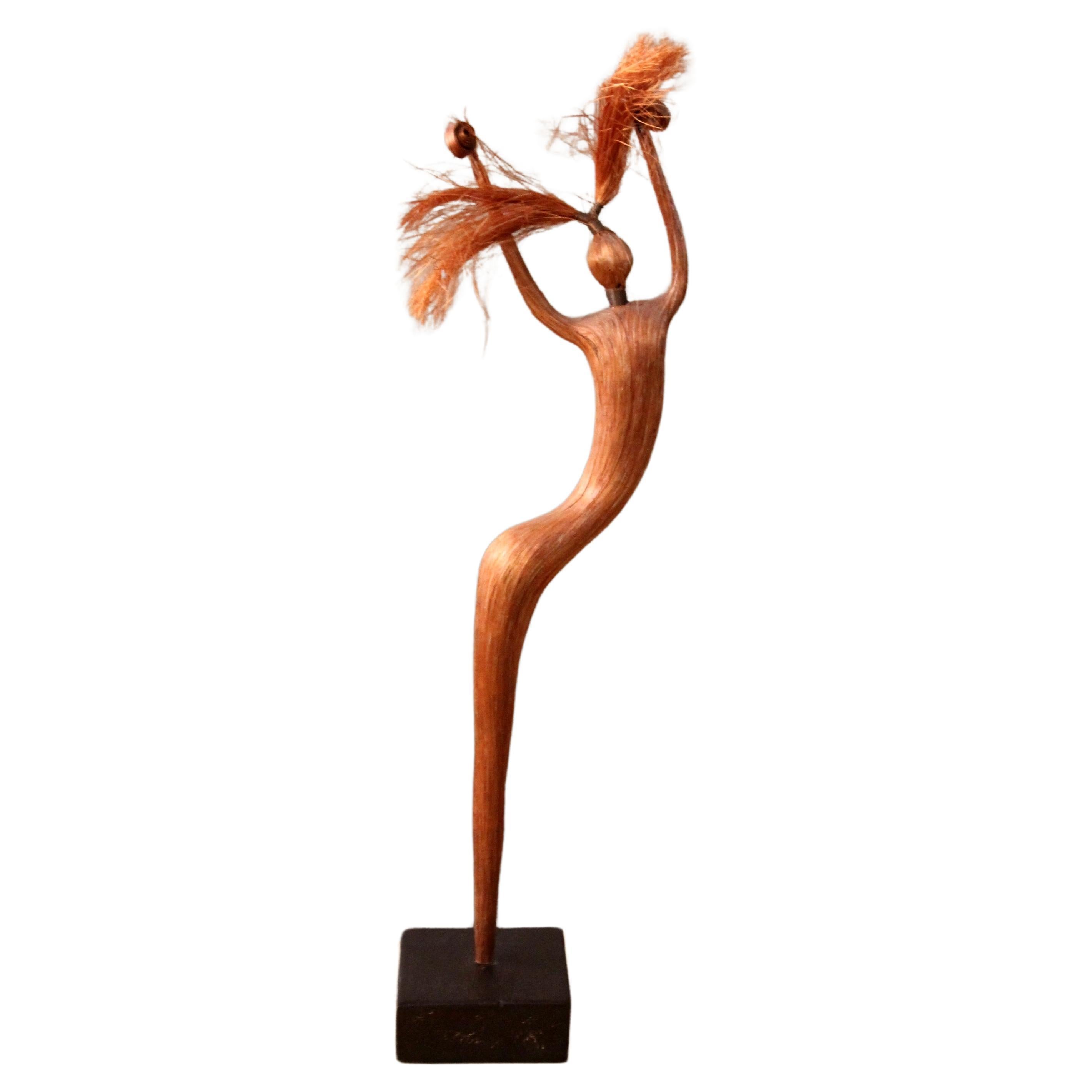 Abstract Female Tribal Copper & Fiber Figural Dancer Sculpture Hagenauer 1950s