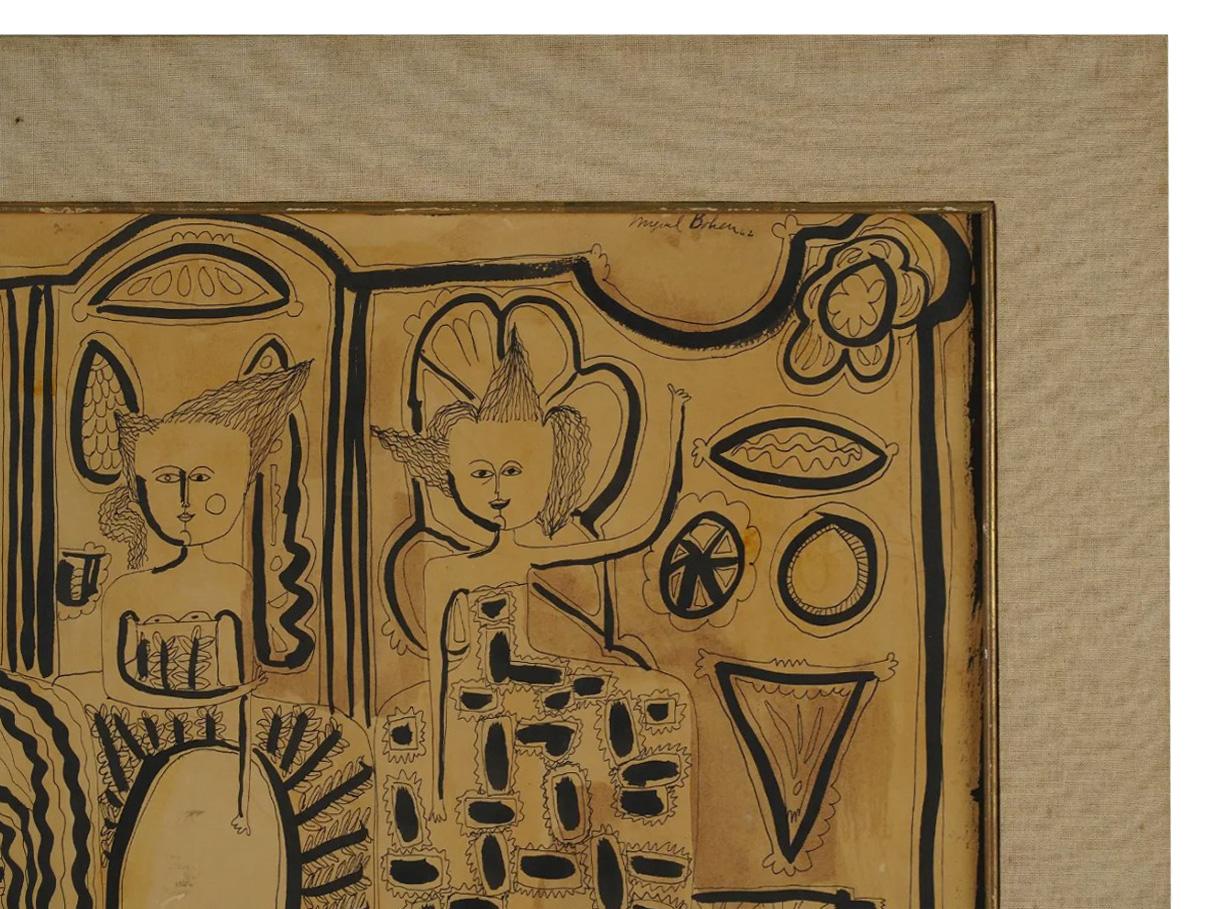 Abstract figural art, ink on paper mounted on wood panel. Signed by artist (illegible signature), 1962 (Unframed). Originally placed by Michael S. Smith in Jim Belushi's Brentwood estate. Michael S Smith is one of the most sought out designers in