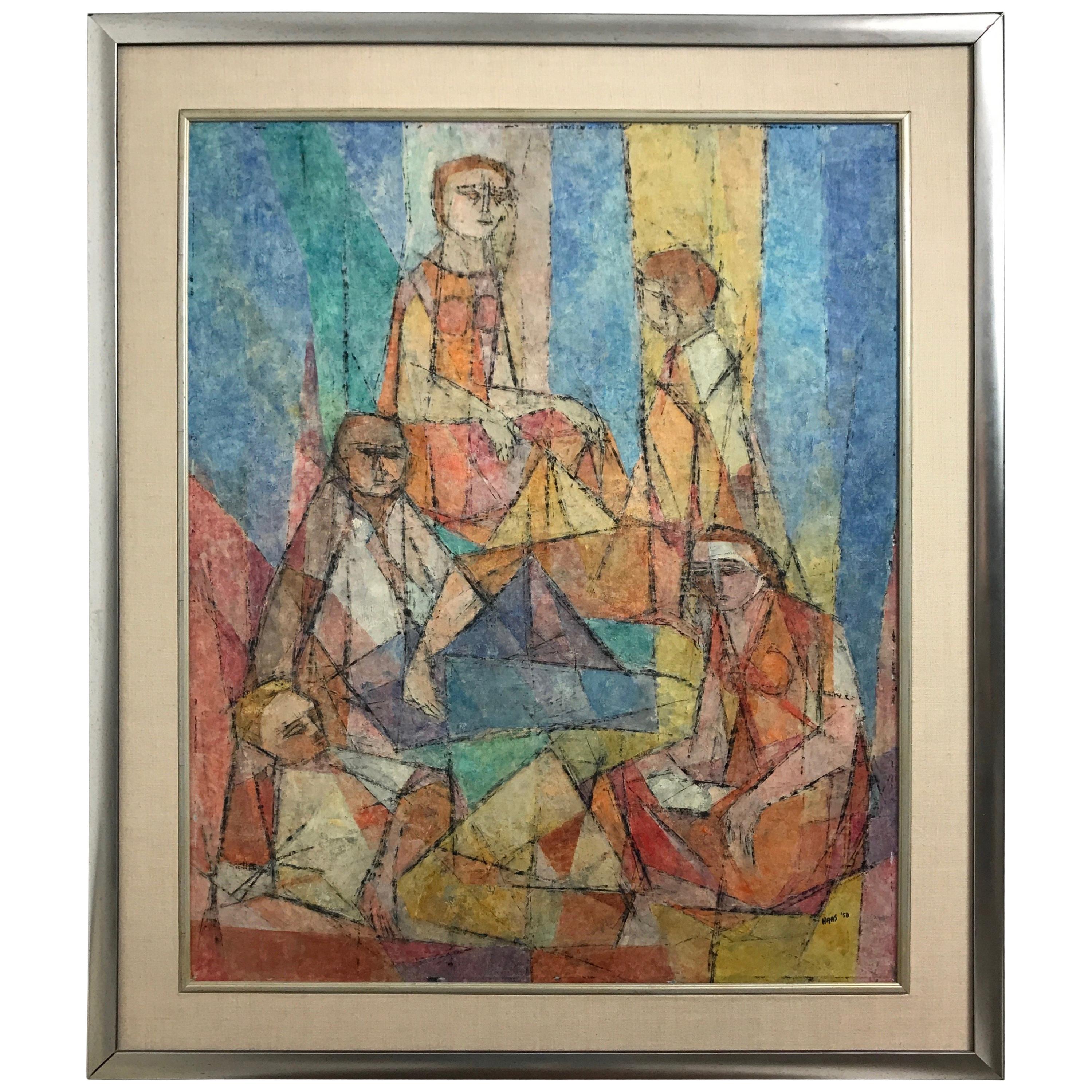 Abstract Figural Casein on Panel by Hildegarde Haas, Titled Picnic
