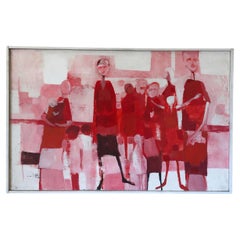 Abstract Figural Painting in Pink and Red, Signed Dian